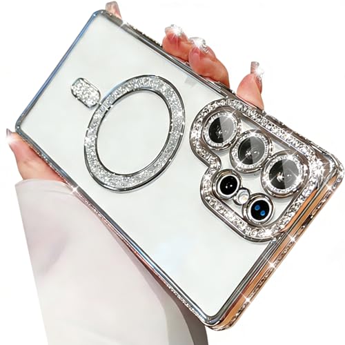 for Samsung Galaxy S26 Ultra Clear Glitter Case Magnetic, [Compatible with MagSafe] Women Cute Bling Diamond Sparkly Case Camera Lens Protectors Plating Cover for Galaxy S26 Ultra, Silver - color: Silver