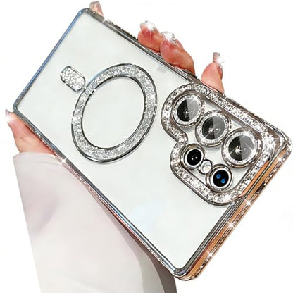for Samsung Galaxy S26 Ultra Clear Glitter Case Magnetic, [Compatible with MagSafe] Women Cute Bling Diamond Sparkly Case Camera Lens Protectors Plating Cover for Galaxy S26 Ultra, Silver - color: Silver