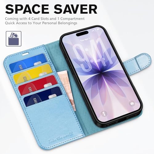TUCCH Wallet Case for iPhone 17 6.3" 2025, 4 Card Slots, Pearly Light Blue | RFID Blocking, Viewing Stand, Shockproof TPU Shell, PU Leather, Magnetic Closure, Protective Folio Flip Cover - color: Pearly Light Blue