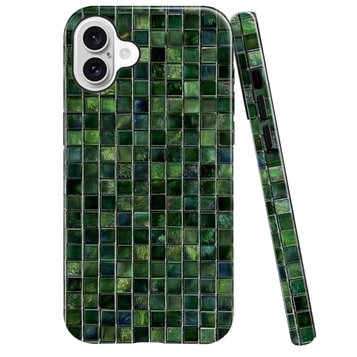 DJSOK Compatible with iPhone 16,Glossy PC Anti-Scratch Shockproof Case - Aesthetic Toned Tiles Green Glass - color: Aesthetic Toned Tiles Green Glass, size: iPhone 16