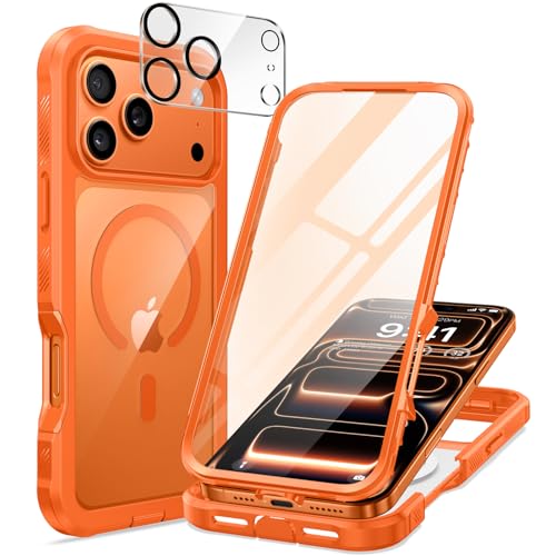 seacosmo for iPhone 17 Pro Case with Glass Screen Protector Orange | Full Body Bumper, Built-in Tempered Glass, Camera Lens Protector, Compatible with MagSafe, Shockproof Phone Case, 6.3" - color: Orange, size: iPhone 17 Pro 6.3"