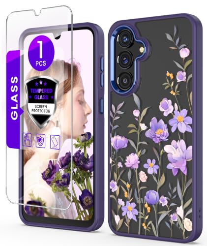 Clear Flower Pattern Case for Samsung Galaxy S26 FE-Deep Purple | Girl Women Slim Soft TPU + Hard PC Military Grade Protective Phone Cover WithTempered Glass Screen Protector for S26 FE - color: S26 FE-Deep Purple