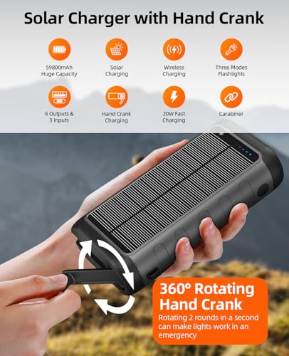 Solar Charger Power Bank 59800mAh, 6 Outputs & Hand Crank, Emergency Use - color: Grey Black