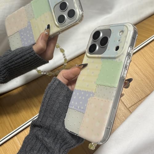 for iPhone 17 pro max Case, Pastel Patchwork Phone Cover with Crystal Heart Beaded Strap & Bow Charm, Cute Kawaii Clear Protective Case for Women Girls (Lanyard+Phone case, iphone17promax) - size: iphone17promax