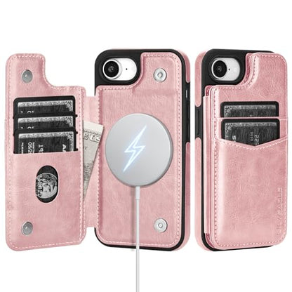 SkyEagle Compatible with MagSafe iPhone 17e / 16e Case Wallet,Pink | Magnetic Clasp,RFID Blocking,PU Leather,Flip Folio Shockproof Phone Cover,with Credit Card Slots & Kickstand for Men & Women - color: Pink
