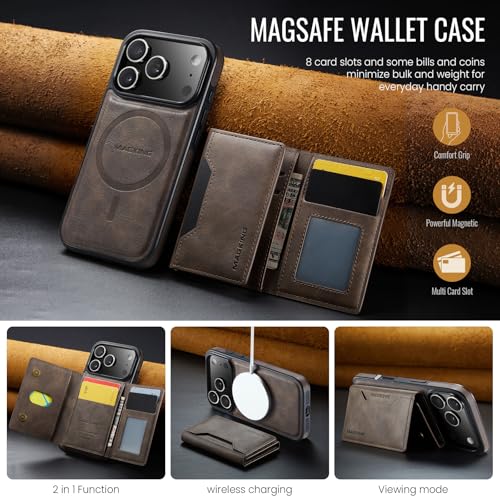 K2 2 in 1 Detachable Magnetic Phone Cases Compatible with iPhone 17 Pro Case with Card Holder RFID Blocking, Compatible with Magsafe Wallet, Leather 6.3'' (Coffee, iPhone 17 Pro) - color: Coffee, size: iPhone 17 Pro