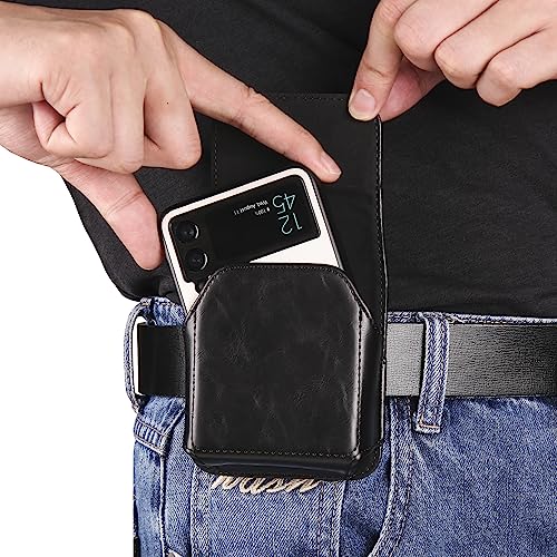 Waist Bag Leather Black for Galaxy Z Flip 8/7/6/5/4/3, Folding Phone Pouch Wear Belt Clip Pack Leather Case with Belt Loop Compatible with Motorola RAZR 5G/RAZR 70 60 50 40 Ultra/RAZR Plus - color: Black