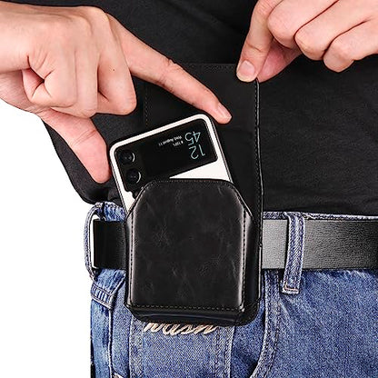 Waist Bag Leather Black for Galaxy Z Flip 8/7/6/5/4/3, Folding Phone Pouch Wear Belt Clip Pack Leather Case with Belt Loop Compatible with Motorola RAZR 5G/RAZR 70 60 50 40 Ultra/RAZR Plus - color: Black