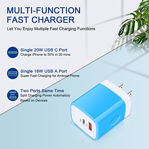 USB C Wall Charger, 2-Ports 20W USB A and USB C Charger Block [PD/QC 3.0] - color: rose-red,blue,purple