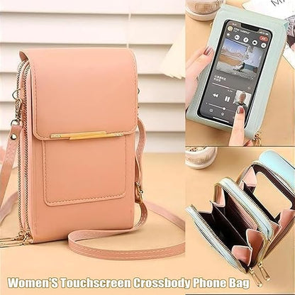 Touchscreen Phone Crossbody Bag, Women's Touch Screen Mobile Phone Messenger bag, Anti Theft Leather Bag - color: Pink