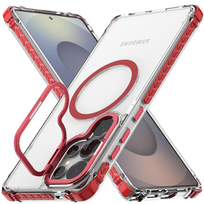 Nvollnoe for Samsung S25 Ultra Case Compatible with MagSafe Military Grade Shockproof Heavy Duty Protective Adjustable Kickstand Ultra Clear Magnetic Phone Case for Samsung S25 Ultra(Red) - color: Clear-Red