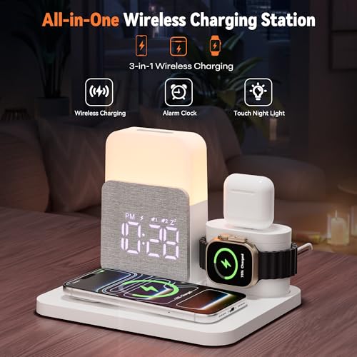 7 in 1 Wireless Charging Station, 25W Charger with Alarm Clock Night Light - color: White