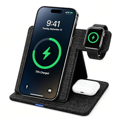 Tongyangat 3 in 1 Foldable Wireless Charging Station, Black - color: Black