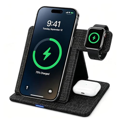 Tongyangat 3 in 1 Foldable Wireless Charging Station, Black - color: Black