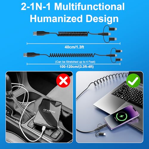 Coiled Multi Charging Cable - USB C Lightning Micro USB Cable 5 in 1 for Apple Carplay & Android Auto [MFi & PD60W & Data Sync] Coiled USB C Cable for iPhone 17 16 15 14 13 12 X Android Samsung Laptop