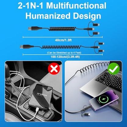 Coiled Multi Charging Cable - USB C Lightning Micro USB Cable 5 in 1 for Apple Carplay & Android Auto [MFi & PD60W & Data Sync] Coiled USB C Cable for iPhone 17 16 15 14 13 12 X Android Samsung Laptop