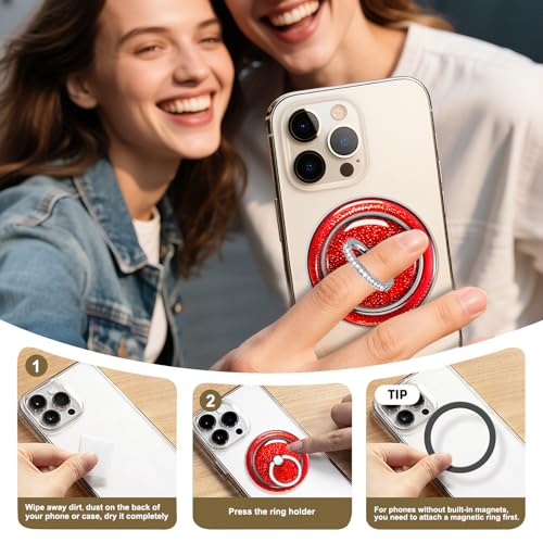 Red Sparkly Magnetic Ring Grip for MagSafe, Bling Phone Stand - color: Red