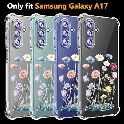 Phone Case for Samsung Galaxy A17 5G Case, Samsung A17 5G Case with Tempered Glass Screen Protector, Soft Flexible TPU Slim Fit Shockproof Phone Cover for Women Men Girl Boy (Clear-Flower) - color: Clear-Flower