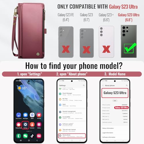 Defencase for Samsung Galaxy S23 Ultra Wallet Case with Card Holder, W-Red | Durable PU Leather, with RFID Blocking Zipper Pocket, Wrist Strap, S23 Ultra Flip Phone Cases Cover with Stand for Women Men - color: Fashion Purple Red