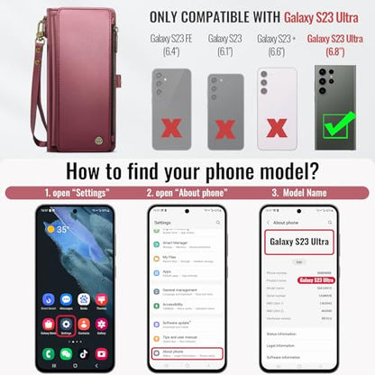 Defencase for Samsung Galaxy S23 Ultra Wallet Case with Card Holder, W-Red | Durable PU Leather, with RFID Blocking Zipper Pocket, Wrist Strap, S23 Ultra Flip Phone Cases Cover with Stand for Women Men - color: Fashion Purple Red