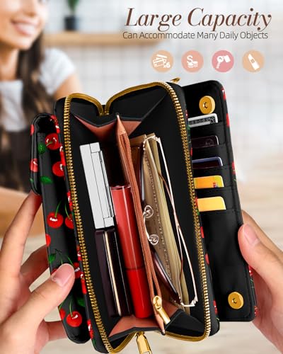 Leather Cell Phone Purse Crossbody Bag for Women | Adjustable Shoulder Strap, Card Slots, Secure Wallet Interior, Cute Pattern Styles, Small Carry for Travel and Daily Use - color: Cute Cherry
