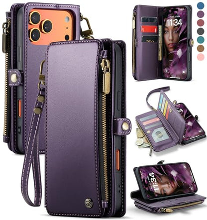 Defencase for iPhone 17 Pro Max Wallet Case with RFID Card Holder, Purple | Durable Soft PU Leather, with Zipper Pocket, Wrist Strap, Fashion Snap Flip Phone Cases Cover with Stand for Women and Men - color: Purple