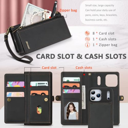 for iPhone 17 Pro Wallet Case, Detachable Magnetic Phone Case,Faux Leather Strap Wallet,with RFID Blocking，Zipper Card Holder，Shoulder Straps (Black) - color: Black, size: iPhone 17 Pro