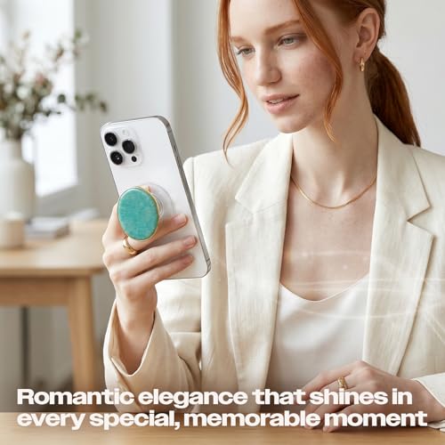 Natural Gemstone Phone Grip Collapsible Cell Phone Holder & Expanding Kickstand, Authentic Oval Crystal with Gold Edge (Amazonite, Adheisve Base) - color: Amazonite