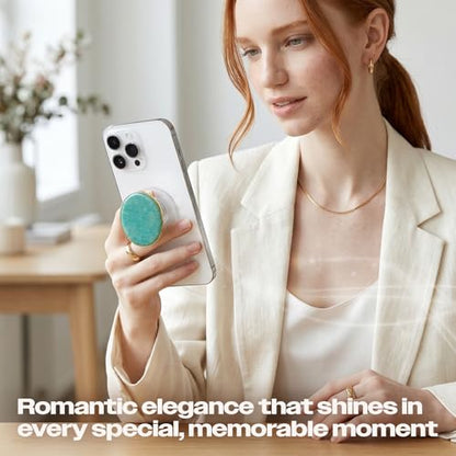 Natural Gemstone Phone Grip Collapsible Cell Phone Holder & Expanding Kickstand, Authentic Oval Crystal with Gold Edge (Amazonite, Adheisve Base) - color: Amazonite