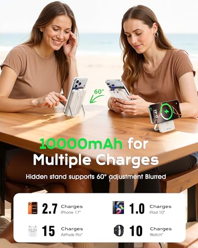 for Magsafe Portable Charger, 10000mAh Power Bank, Creamy White | PD 22.5W Fast Charging with USB-C Cable, Foldable Stand, Magnetic Wireless Charger for iPhone 17/16/15/14/13/12 Series - color: Creamy White