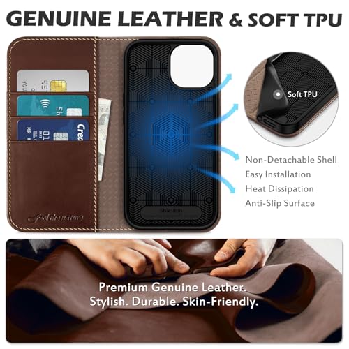 SHIELDON Genuine Leather Wallet Case for iPhone 15 6.1" 2023, Retro Coffee | RFID Blocking, Credit Card Holder, Magnetic Closure, Kickstand, Folio Design, Shockproof Phone Cover - color: Retro Coffee