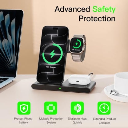 3 in 1 Foldable Wireless Charger Stand for iPhone Apple Watch AirPods - color: Black
