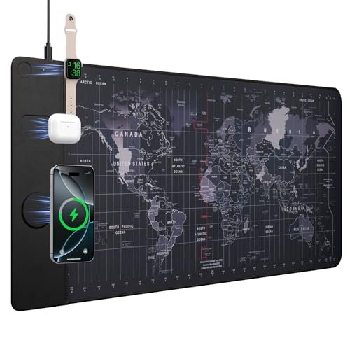 VOVIPO Wireless Charging Mouse Pad 15W, Waterproof Gaming Mousepad with Ultra-Smooth Surface, Non-Slip Base, XXL Large Desk Mat 90 x 40cm,Black World Map Computer Desk Pad for MacBook, PC, Laptop - color: World Map
