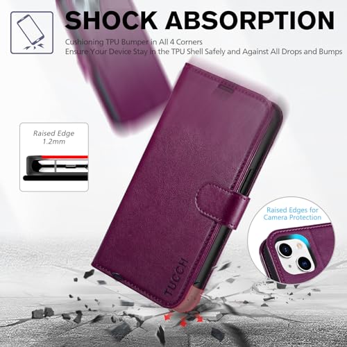TUCCH Wallet Case for iPhone 14 (6.1") 2022, Flip Stand, Plum Purple | RFID Blocking, 4 Card Holders, Kickstand, PU Leather, Shockproof TPU Shell, Magnetic Closure, Protective Folio Cover - color: Plum Purple