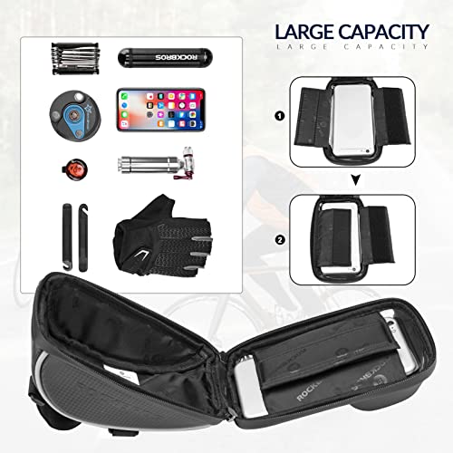 ROCKBROS Bike Phone Mount Bag, Waterproof Handlebar Bag for Cycling | Water-resistant Phone Bag Fits Phones Up to 6.5", with Touch Screen Access, Storage Space and Reflective Strips for Cycling - color: black