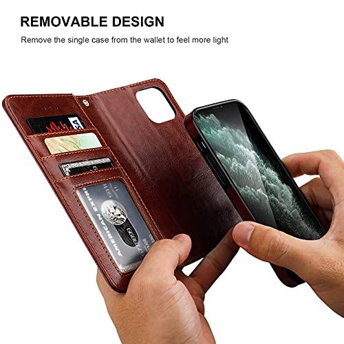 Bocasal Detachable Wallet Case Card Holder for iPhone 12/12 Pro, Brown | Kickstand Card Slots Holder PU Leather Magnetic Shockproof Wrist Strap Removable Flip Protective Cover 6.1 inch - color: Brown