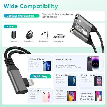 Magnetic 2-IN-1 Right Angle Lightning to 3.5mm Audio Jack Headphone and Charge Cable Adapter for iPhone,90 Degree Earphone Converter Splitter Support Music+Charge+HiFi+Mic for iPhone14 13 12 11