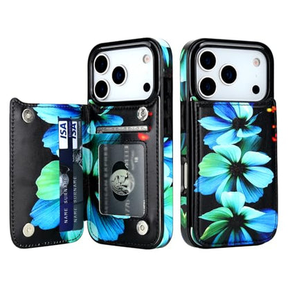 HAOPINSH Wallet Case with Card Holder for iPhone 17 Pro, Blue Florals Pattern Back Flip Folio PU Leather Kickstand Card Slots Case, Double Magnetic Clasp Shockproof Cover 6.3" - color: Blue Florals