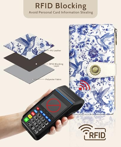 GIANCOMICS Hummingbirds Womens Wallet RFID Flower Credit Card Holder Bifold | Billfold, Cute Cash Purse, Travel Zipper Coin Pocket, Compact Clutch, PU Leather, ID Window, 11 Card Slots, Ladies Gift Woman - color: Birds