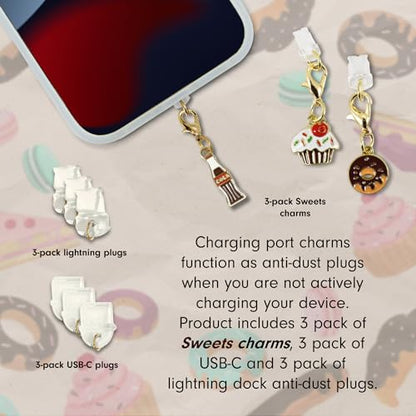 Sonix Dust Plugs - USB C + Lightning Compatible - Enamel Charging Port Charms (3 Pack) - Sweets - Soda, Donut, Cupcake - color: Sweets