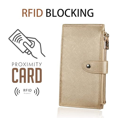 Travelambo RFID Wallet Women Large Size Bifold Multi Card Wallet Case with Zipper Pocke Credit Card Holder for Women - color: Gold Champagne 3310F