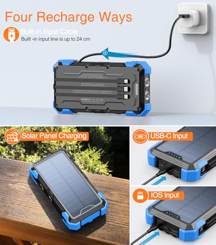 GOODaaa Solar Power Bank 24000mAh, Portable Charger with 4 Built-in Cables - color: Blue