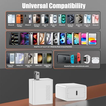 45W Fast Charger for iPhone 17 Pro Max, Super Fast USB C (6+6+10) FT Cables - color: White