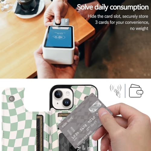 Compatible with iPhone 14/13 6.1" Wallet Case with Card Holder Folio Flip PU Leather Kickstand Card Slots Case Double Magnetic Clasp and RFID Blocking Cover 6.1 Inch (Green Checkerboard) - color: Checkerboard, size: iPhone 14/13