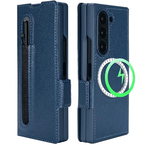 for Samsung Galaxy Z Fold 7 Wallet Case with Card Holder Slots & Compatible with MagSafe, RFID Blocking, Hinge Protection, Magnetic Luxury Leather Slim Wallet Folio Phone Cover (Blue) - color: Blue, size: Z Fold 7