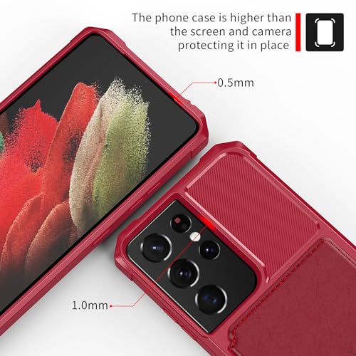 Wallet Case for Samsung Galaxy S21 Ultra, Compatible with Magnetic Car Mount, Heavy Duty Shockproof Rugged Soft TPU Back Leather Flip Credit Card Holder Cover 6.8 inch, Red | Compatible with Magnetic Car Mount, Shockproof Rugged Soft TPU Hard Back Leather