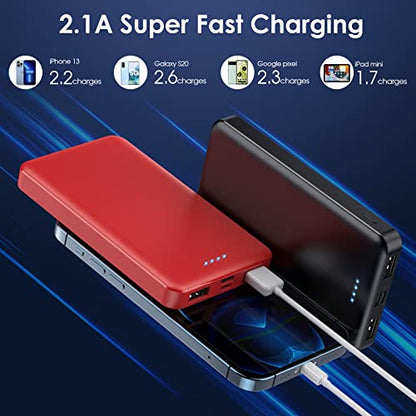 [2 Pack] Portable Charger Power Bank 10000mAh,Ultra Slim Compact External Battery Pack with USB C Input & Dual USB Outputs Backup Charger Compatible with iPhone 13,12, Samsung S20,Tablet-Black+Red - color: Black+Red