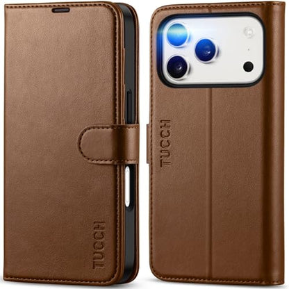 TUCCH Case Wallet for iPhone 17 Pro (6.3") 2025, RFID Blocking Folio, Brown | 4 Card Holders, Kickstand, PU Leather, Magnetic Closure, Shockproof TPU Shell, Protective Flip Cover - color: Brown