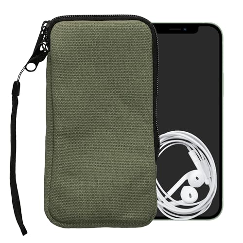 kwmobile Canvas Phone Pouch XL - 6.7/6.8" - Universal Cell Sleeve Mobile Bag with Zipper and Soft Microfibre Lining - Olive Green - color: olive green