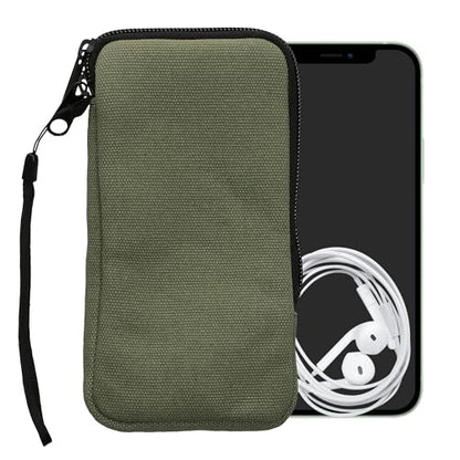 kwmobile Canvas Phone Pouch XL - 6.7/6.8" - Universal Cell Sleeve Mobile Bag with Zipper and Soft Microfibre Lining - Olive Green - color: olive green